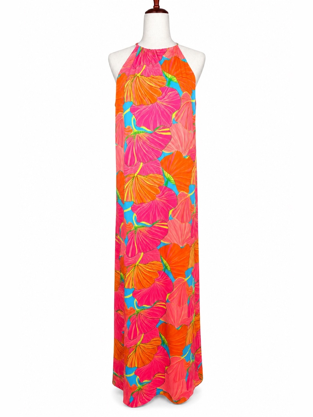 Trina Turk Halter Maxi Dress‎ Small Pink Orange Ginkgo Leaf Tropical Print
